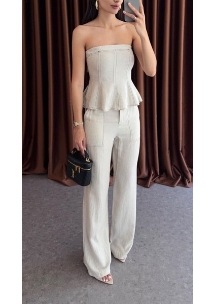 Kontrast Dikişli Bej Bluz-Pantolon Keten Takım modelleri