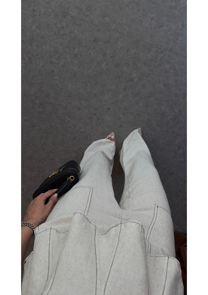 Kontrast Dikişli Bej Bluz-Pantolon Keten Takım fırsatları