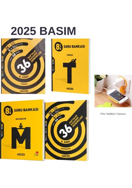 8.sınıf Türkçe-Matematik Soru + Haftalık Denemeler Set(Temel- Orta Düzey) Priz Telefon Tutucu Hediye