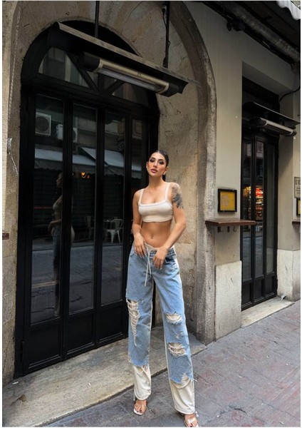 Kadın Tint Haki Lazer Detaylı Skater Jogger Fit Denim Jogger Kot Pantolon Baggy Model indirimleri