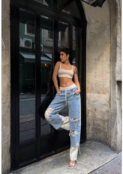 Kadın Tint Haki Lazer Detaylı Skater Jogger Fit Denim Jogger Kot Pantolon Baggy Model