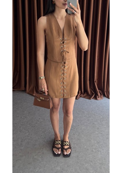 Kuşgözü Kahve Yelek-Etek Takım modelleri