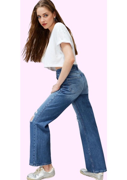 Kadın Pamuklu Yırtık Detaylı Regular Wide Leg Kot Pantolon Günlük Kullanım Kaliteli Malzeme fiyatları