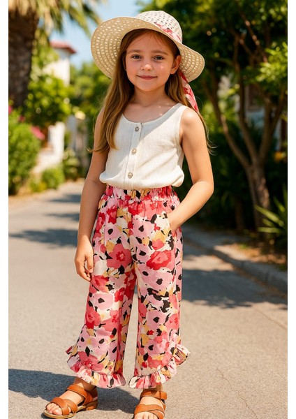 Şapkalı Sıfır Kollu Çiçekli Paçaları Fırfırlı Ferah Pantolon Kız Çocuğu Takım