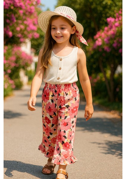 Şapkalı Sıfır Kollu Çiçekli Paçaları Fırfırlı Ferah Pantolon Kız Çocuğu Takım fiyatları