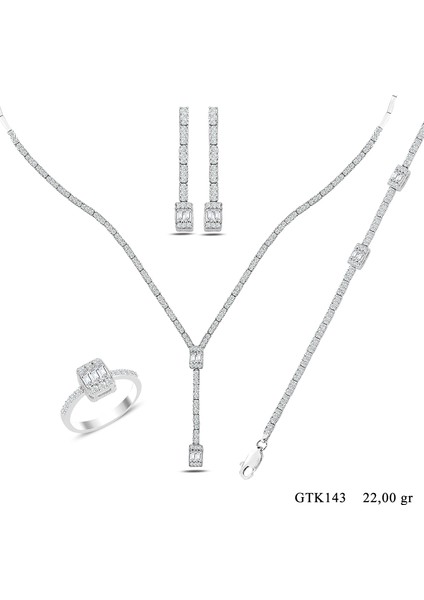 Kadın 925 Ayar Gümüş Üç Taş Baget Sıralı Su Yolu Set