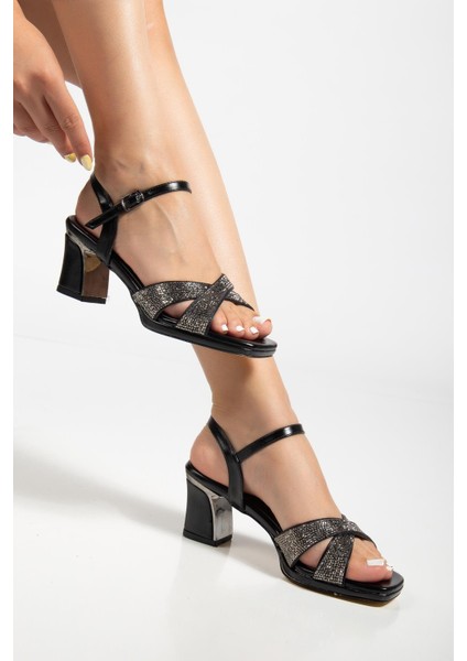 Suins Juny Kadın Önü Taşlı Galvaniz Topuklu Abiye Ayakkabı