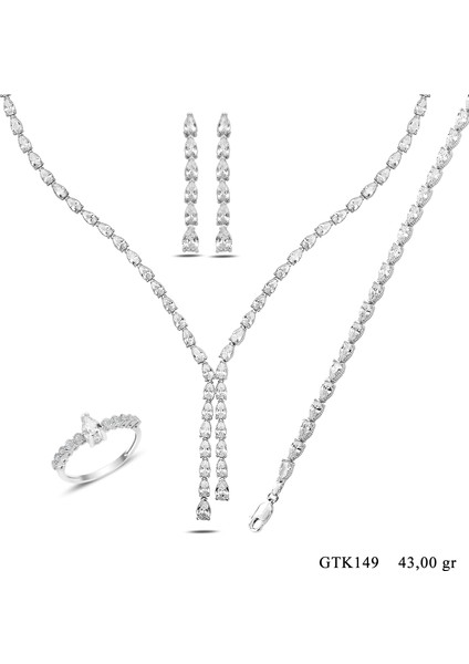 Kadın 925 Ayar Gümüş Tam Tur Damla Salkım Su Yolu Set