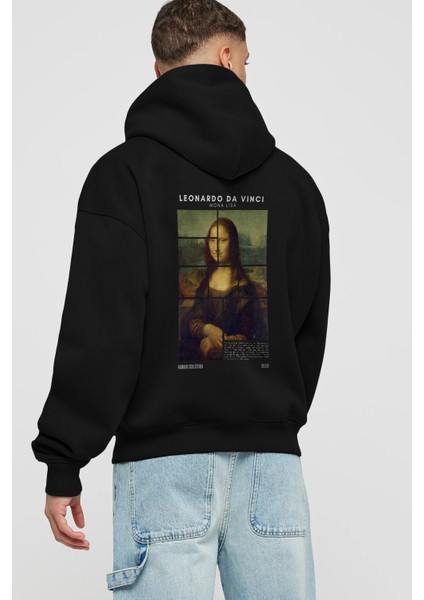 Leonardo Da Vinci Mona Lisa Arka Baskılı Hoodie Oversize Kapüşonlu Sweatshirt Erkek Kadın