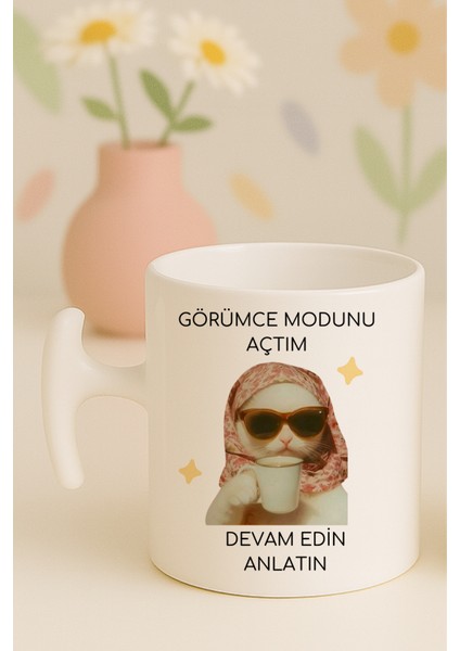 Görümce Modunu Açtım Yazılı Kedili Komik Kupa Bardak, Hammer Kulplu, Hediyelik