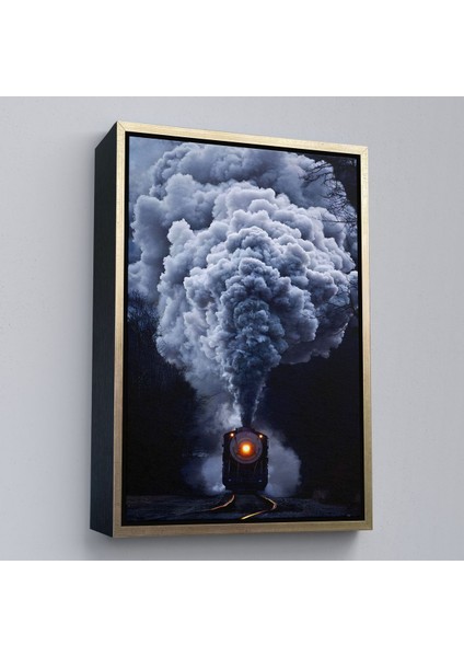 Altın Çerçeveli Gri Dumanı ile Kara Tren Tablosu