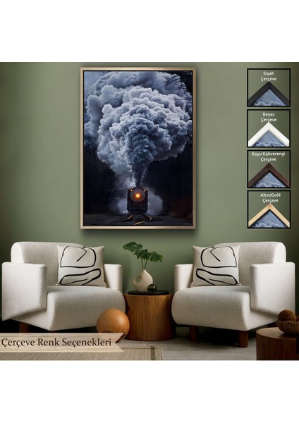 Altın Çerçeveli Gri Dumanı ile Kara Tren Tablosu