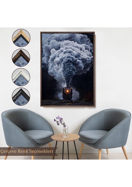 Altın Çerçeveli Gri Dumanı ile Kara Tren Tablosu