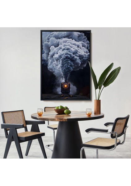 Altın Çerçeveli Gri Dumanı ile Kara Tren Tablosu