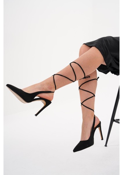 Siyah Süet 10.5 cm Bilekten Bağlamalı Stiletto Topuklu Ayakkabı
