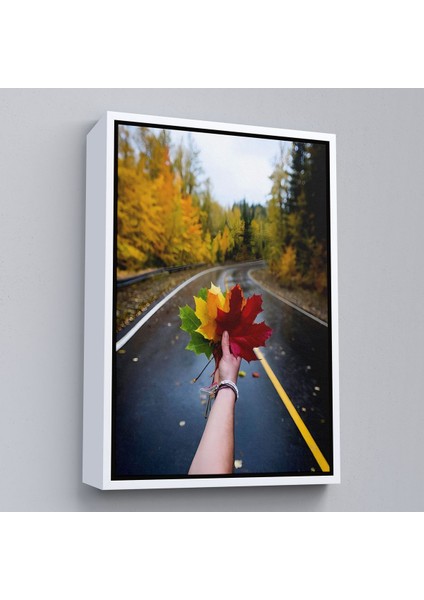Beyaz Çerçeveli Sonbaharın Renkli Yaprakları ve Yol Manzarası Duvar Tablosu