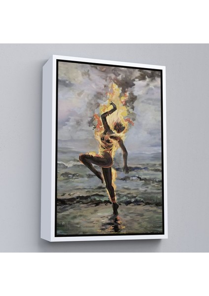 Beyaz Çerçeveli Yanarken Dans Eden Kadın Duvar Tablosu
