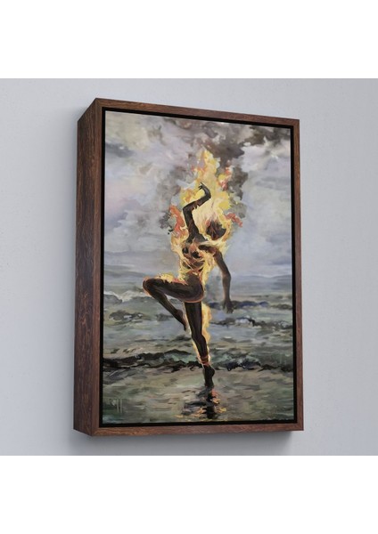 Beyaz Çerçeveli Yanarken Dans Eden Kadın Duvar Tablosu fiyatları