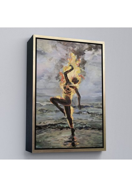 Beyaz Çerçeveli Yanarken Dans Eden Kadın Duvar Tablosu modelleri