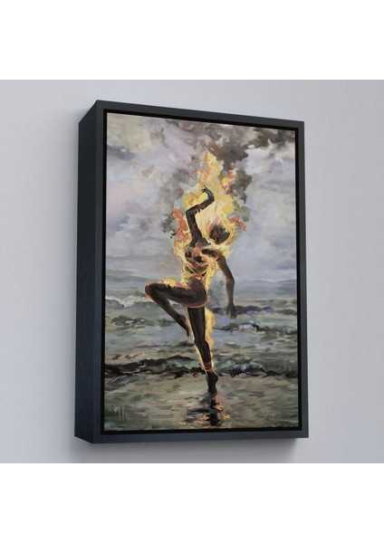 Beyaz Çerçeveli Yanarken Dans Eden Kadın Duvar Tablosu fırsatları