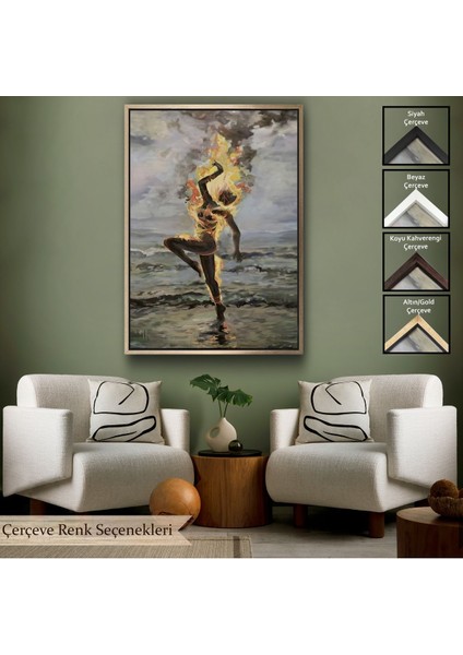 Beyaz Çerçeveli Yanarken Dans Eden Kadın Duvar Tablosu