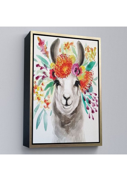 Altın Çerçeveli Bahar Laması Suluboya Görünümlü Duvar Tablosu