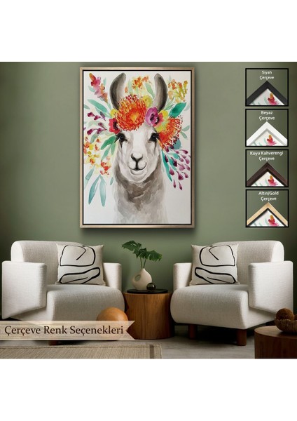 Altın Çerçeveli Bahar Laması Suluboya Görünümlü Duvar Tablosu