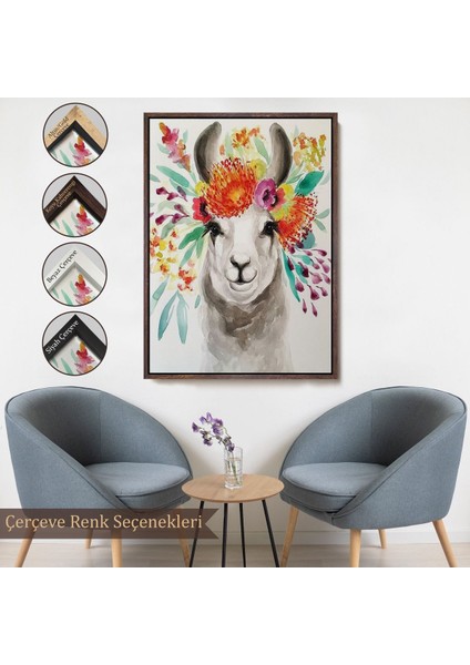 Altın Çerçeveli Bahar Laması Suluboya Görünümlü Duvar Tablosu