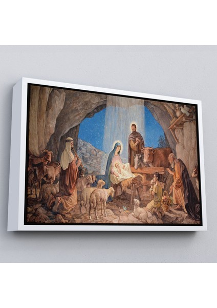Kahverengi Çerçeveli Isanın Doğumu ve Meryem Kanvas Tablo fırsatları