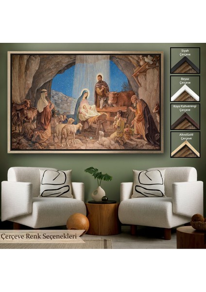 Kahverengi Çerçeveli Isanın Doğumu ve Meryem Kanvas Tablo