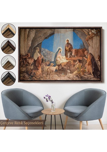 Kahverengi Çerçeveli Isanın Doğumu ve Meryem Kanvas Tablo