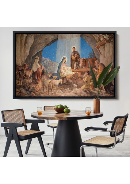 Kahverengi Çerçeveli Isanın Doğumu ve Meryem Kanvas Tablo