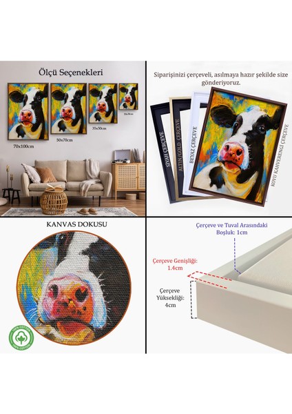 Siyah Çerçeveli Modern Sanat Inek Portresi Dekoratif Kanvas Duvar Tablo indirimleri