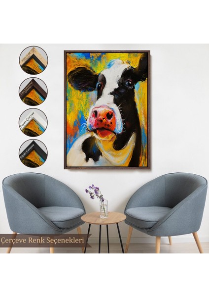 Siyah Çerçeveli Modern Sanat Inek Portresi Dekoratif Kanvas Duvar Tablo