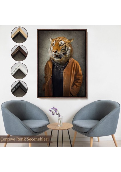 Kahverengi Çerçeveli Kaplan Adam Dekoratif Kanvas Duvar Tablosu