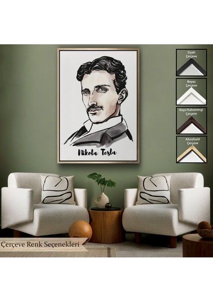 Kahverengi Çerçeveli Nikola Tesla Dekoratif Kanvas Tablo