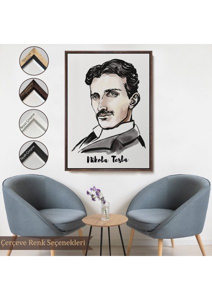 Kahverengi Çerçeveli Nikola Tesla Dekoratif Kanvas Tablo