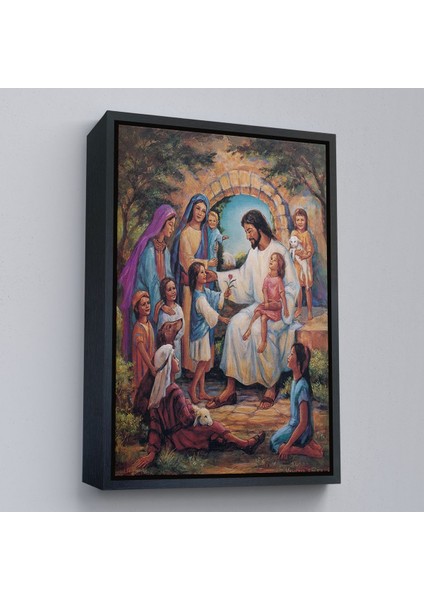 Siyah Çerçeveli Isa Mesih ve Çocuklar Dekortif Duvar Tablosu
