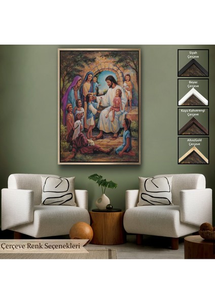 Siyah Çerçeveli Isa Mesih ve Çocuklar Dekortif Duvar Tablosu