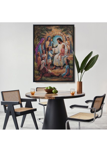 Siyah Çerçeveli Isa Mesih ve Çocuklar Dekortif Duvar Tablosu