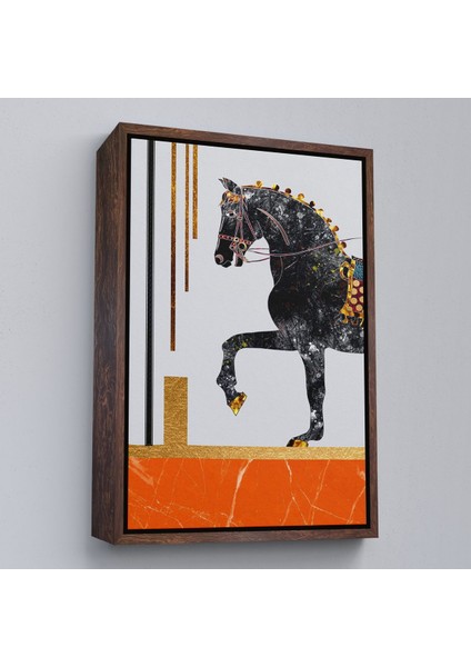 Kahverengi Çerçeveli Modern Siyah At Soyut Tablo