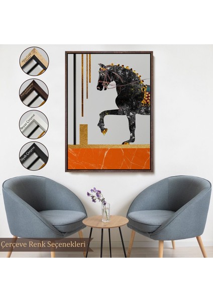 Kahverengi Çerçeveli Modern Siyah At Soyut Tablo