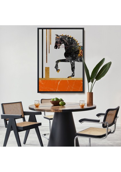 Kahverengi Çerçeveli Modern Siyah At Soyut Tablo