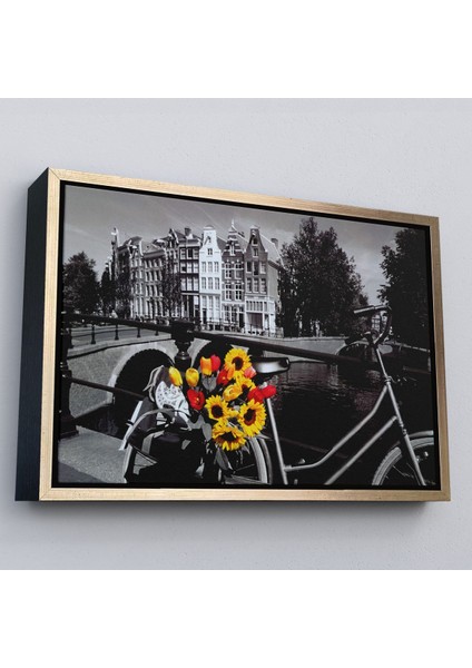 Kahverengi Çerçeveli Amsterdam Kanallarındaki Bisiklet ve Laleler Tablosu fiyatları