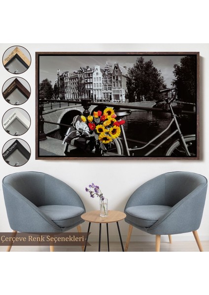 Kahverengi Çerçeveli Amsterdam Kanallarındaki Bisiklet ve Laleler Tablosu