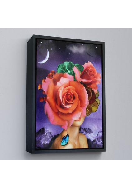 Siyah Çerçeveli Gül Başlı Kadın Modern Sanat Tablosu
