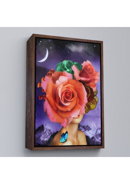 Siyah Çerçeveli Gül Başlı Kadın Modern Sanat Tablosu modelleri