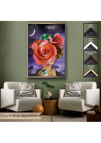 Siyah Çerçeveli Gül Başlı Kadın Modern Sanat Tablosu