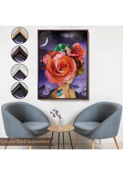 Siyah Çerçeveli Gül Başlı Kadın Modern Sanat Tablosu