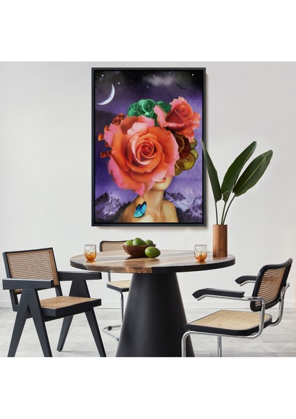 Siyah Çerçeveli Gül Başlı Kadın Modern Sanat Tablosu